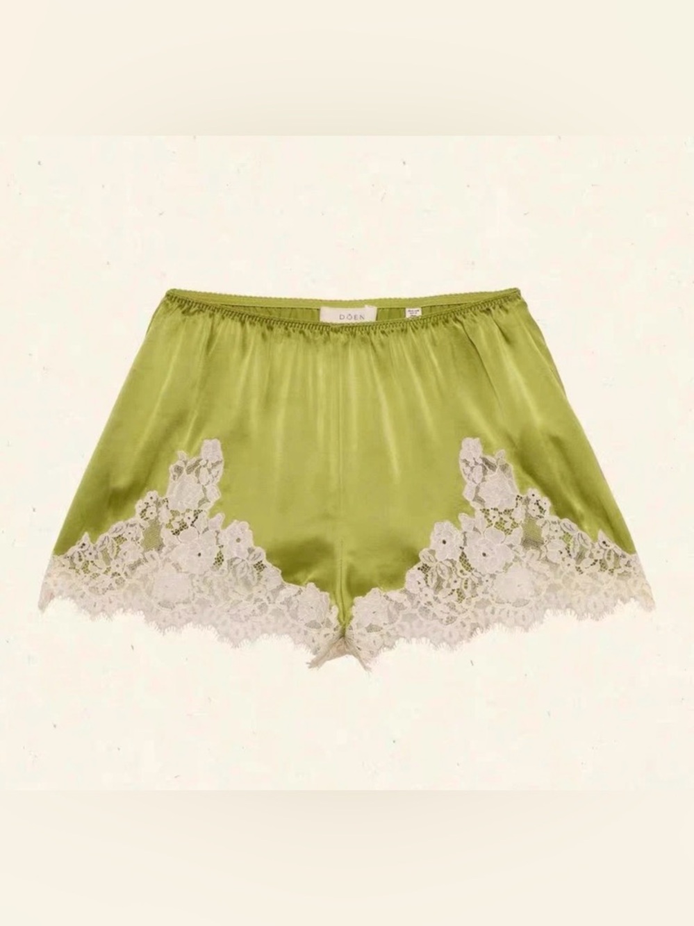 NWT Doen Iona Green Silk Lace-Trim Sleep Shorts with Cream Lace (small)